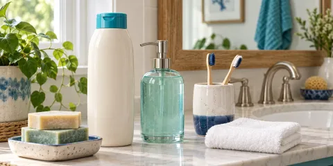 Jabones, shampoo y cepillos de dientes en un baño